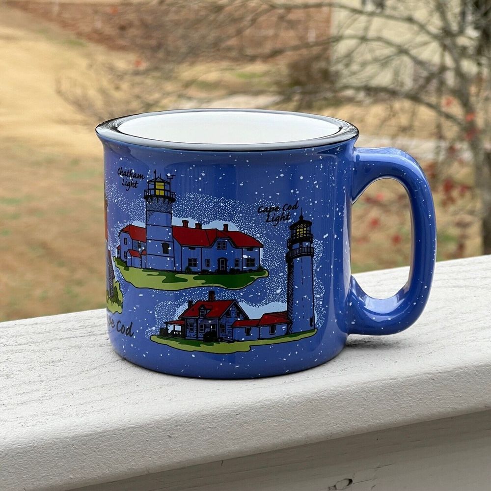 Lighthouses of Cape Cod Massachusetts USA Blue Speckled Ceramic Coffee Mug 12 oz
